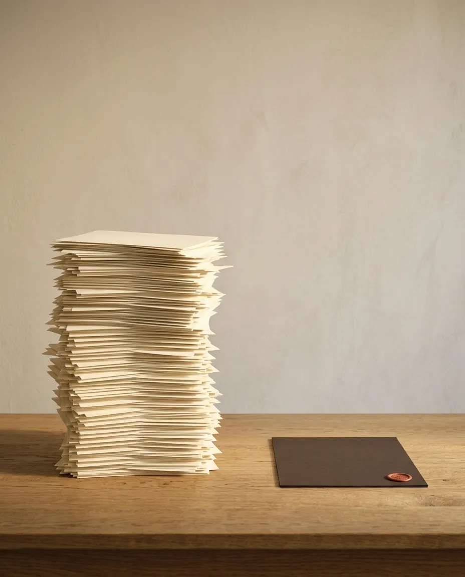 A tall stack of cream paper beside a single dark folder with a red wax seal on an oak table