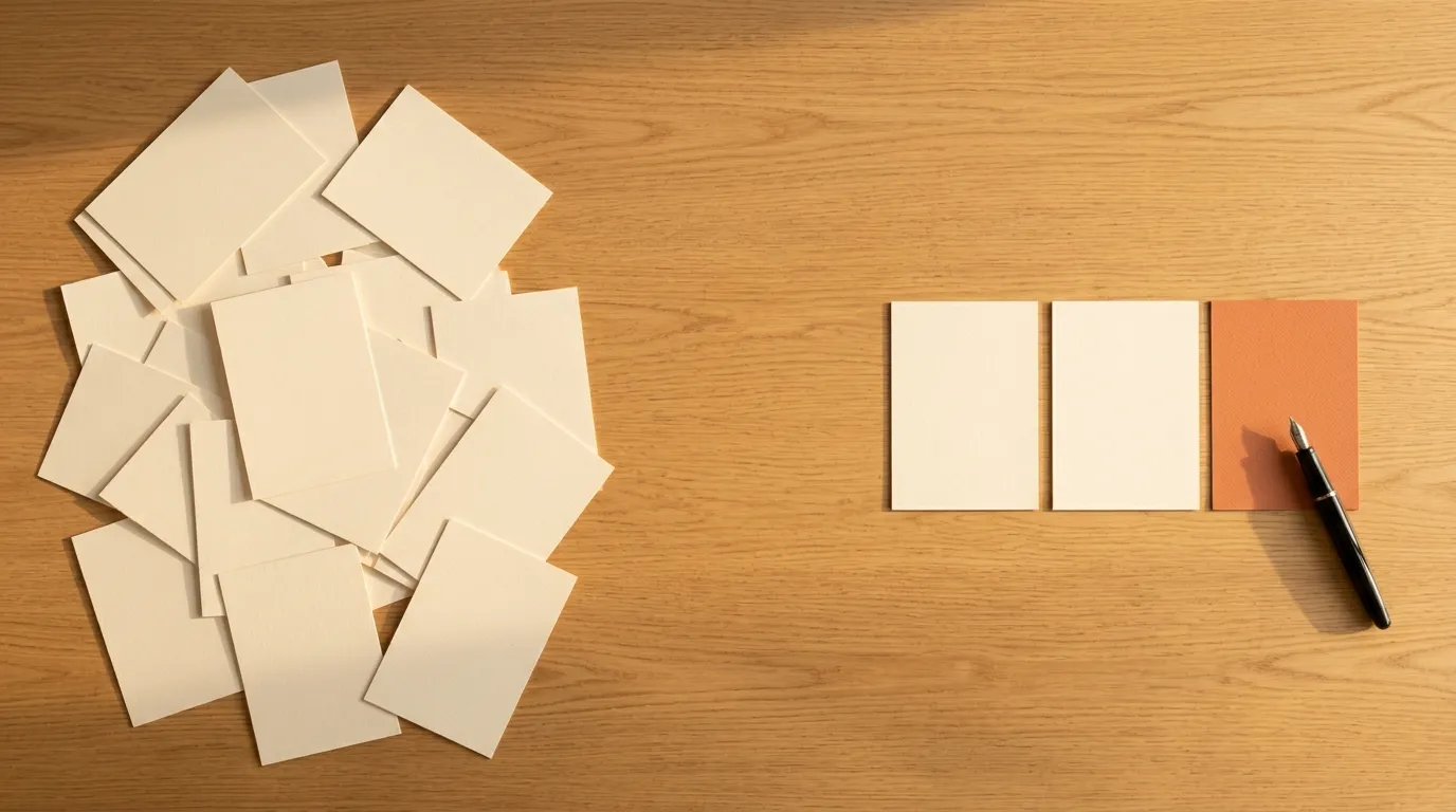 Flat lay on an oak desk: a scattered pile of blank cards to the left, three deliberately chosen cards and a fountain pen to the right