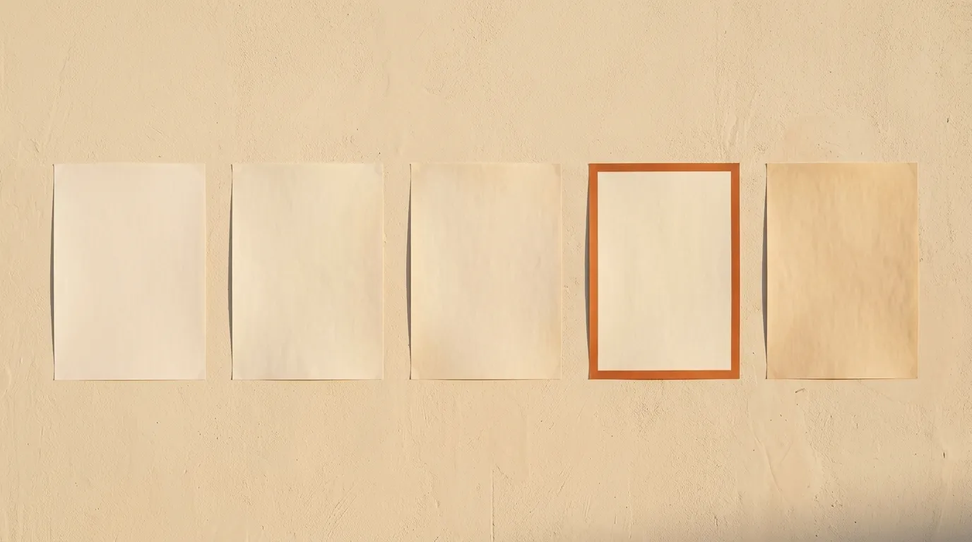 Five paper sheets pinned in a row on a warm plaster wall, one framed in terracotta standing out from the rest