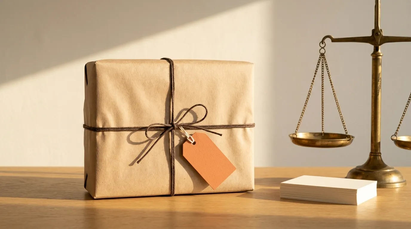 A parcel wrapped in kraft paper with a terracotta price tag, beside brass scales and a stack of blank cards on an oak desk
