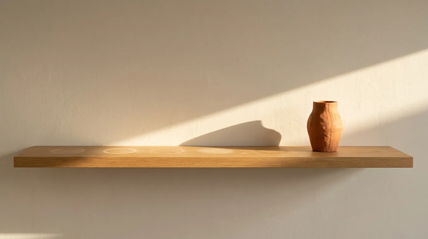 A single terracotta vase standing on a sunlit oak shelf, faint rings marking where the others once stood