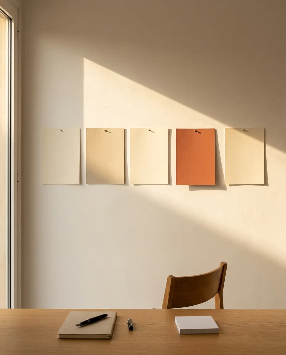 Sunlit studio wall with a row of pinned paper swatches in cream, sand and terracotta above a wooden desk with a notebook and fountain pen