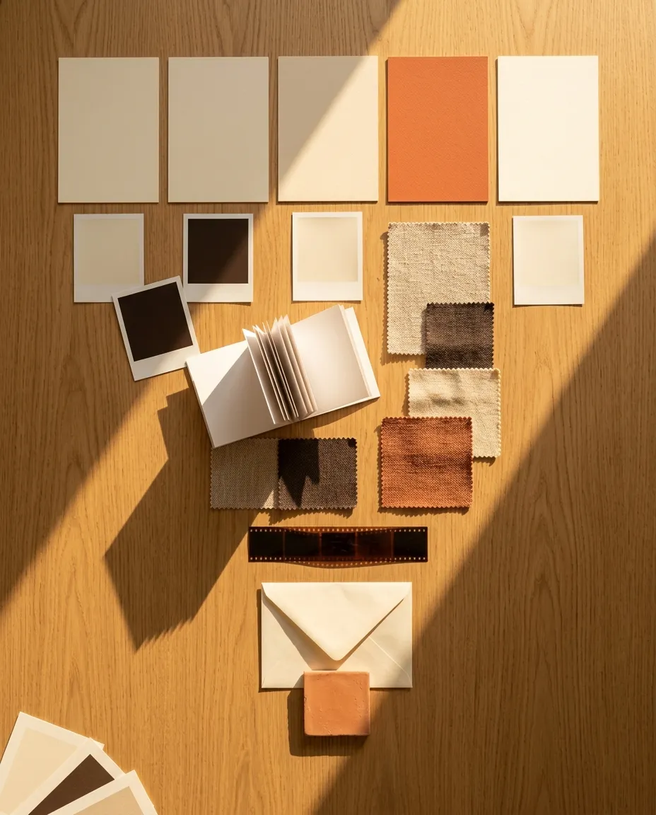 Flat lay of brand decision materials on a sunlit oak desk: paper swatches, fabric samples, polaroids, a film strip and a sealed envelope