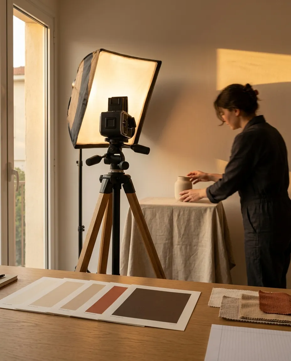 Photographer at work in a sunlit studio, shooting a ceramic vase with a medium format camera and softbox, paper swatches on the desk