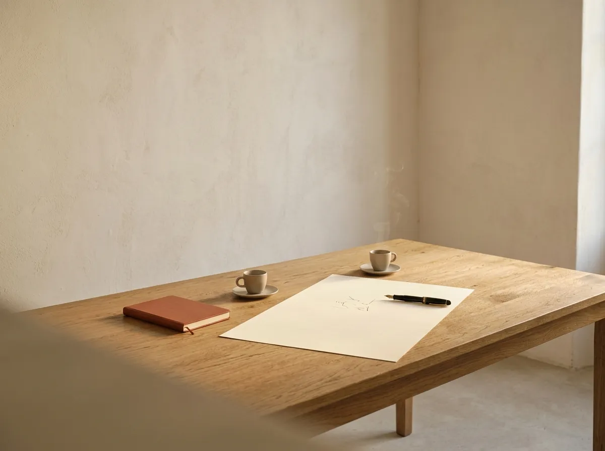 An oak table in a sunlit plaster room set for a working session: a large sheet of paper with a fountain pen, two espresso cups and a terracotta notebook
